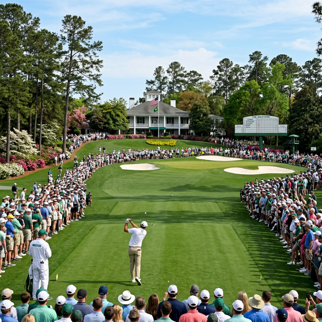 Golfer hitting a tee shot on a lush green golf course surrounded by spectators and clubhouse